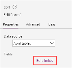 Screenshot showing the properties pane for the edit form and Edit fields highlighted. 