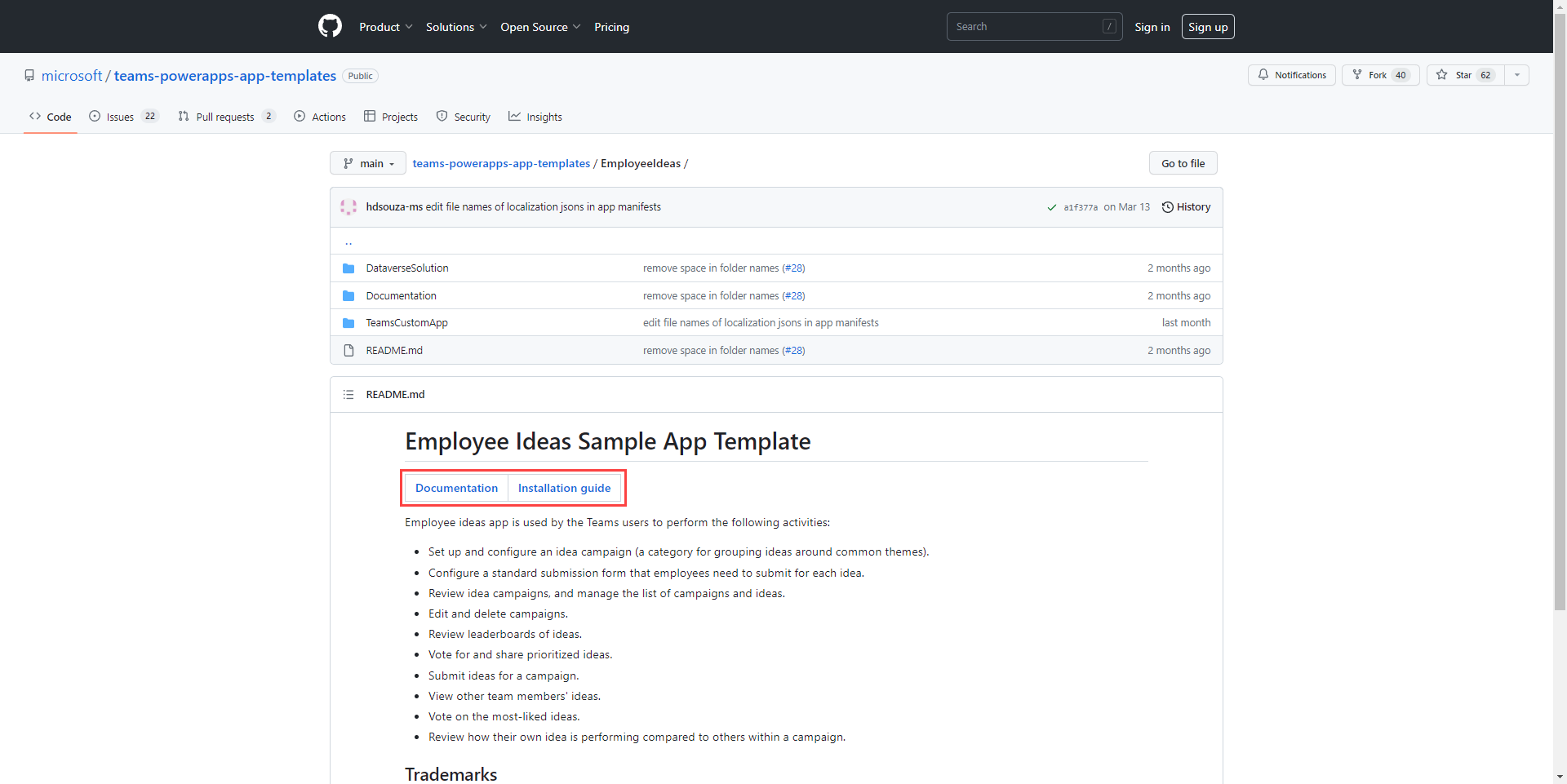 Screenshot of the GitHub page for the Employee Ideas template.