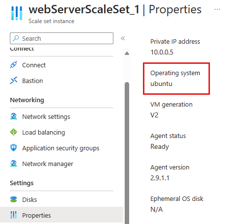 Screenshot of the Azure portal, showing the operating system for the Virtual Machine Scale Set.