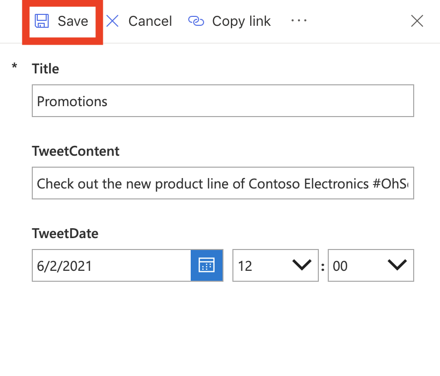 Screenshot of SharePoint New item dialog with the Save button highlighted.