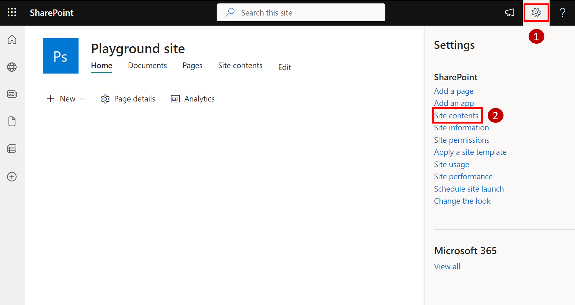 Screenshot of the SharePoint site settings.