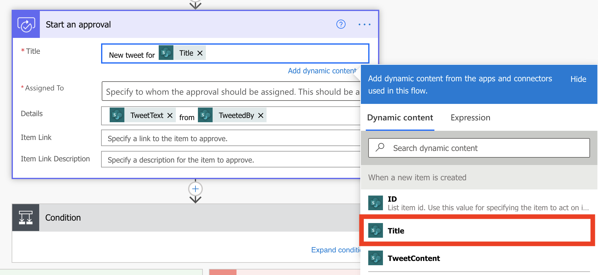 Screenshot of the Start an approval action with the text "New tweet for" and the Dynamic content dialog open and Title selected.