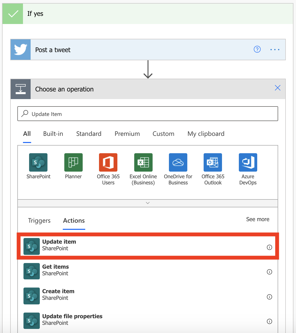 Screenshot of the If yes condition with the Post a tweet action and the Choose an action search results for SharePoint update item highlighted.