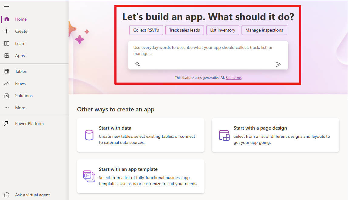 Screenshot of the Power Apps home page, with the Copilot input text box highlighted.