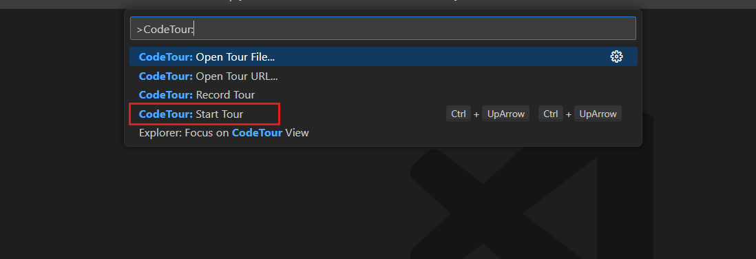 Screenshot of the Command Palette option to start the primary guided tour of the codebase.