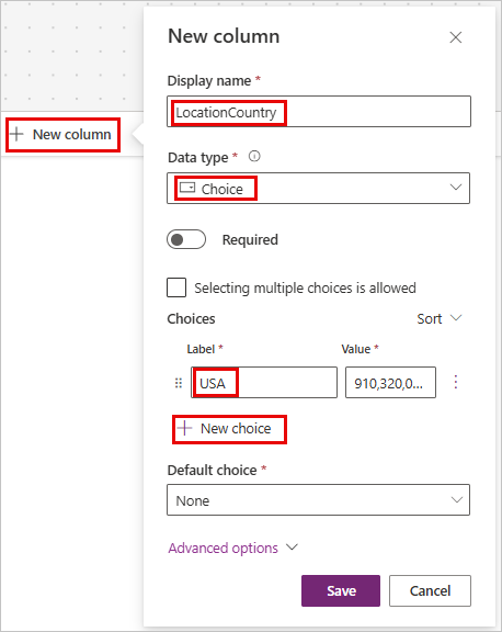 Screenshot of the Choice field and New choice menu option highlighted.