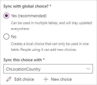 Screenshot of ChLocationCountry entered in the Sync this choice with field and yes selected under Sync with global choice.