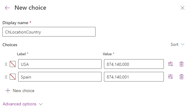 Screenshot of USA and Spain options listed as new items.