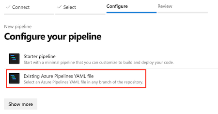 Screenshot that shows Existing Azure Pipelines YAML File option highlighted.