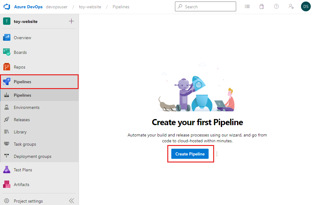 Screenshot of create your first pipeline pane with Pipelines highlighted in resource menu Create Pipeline button highlighted.