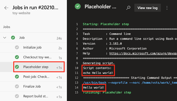 Screenshot that shows the pipeline job log, with the 'Placeholder step' step highlighted and details shown.