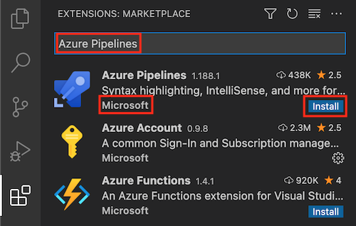 Screenshot of Visual Studio Code Extensions menu with 'Azure Pipelines' extension by Microsoft and the Install button highlighted.