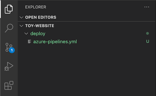 Screenshot of Visual Studio Code Explorer showing the deploy folder and the azure-pipelines dot Y M L file that was just created.