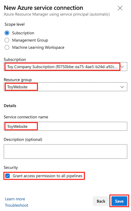 Screenshot of Azure DevOps that shows the 'Create service connection' page, with the details completed and the Next button highlighted.