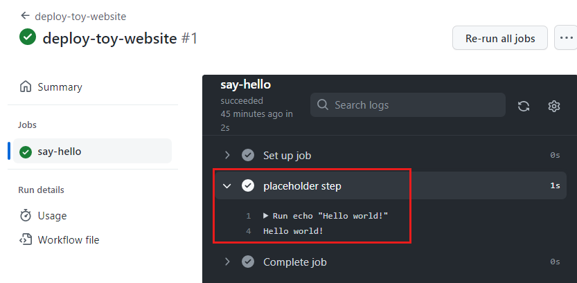 Screenshot of the GitHub interface showing the workflow run log, with the placeholder step log shown.