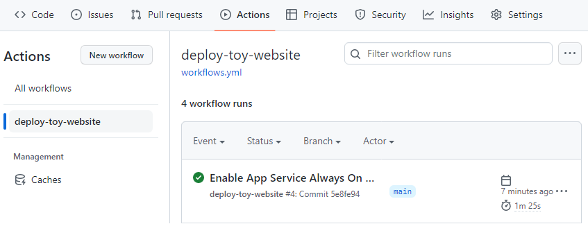 Screenshot of the GitHub interface showing the successful workflow run.