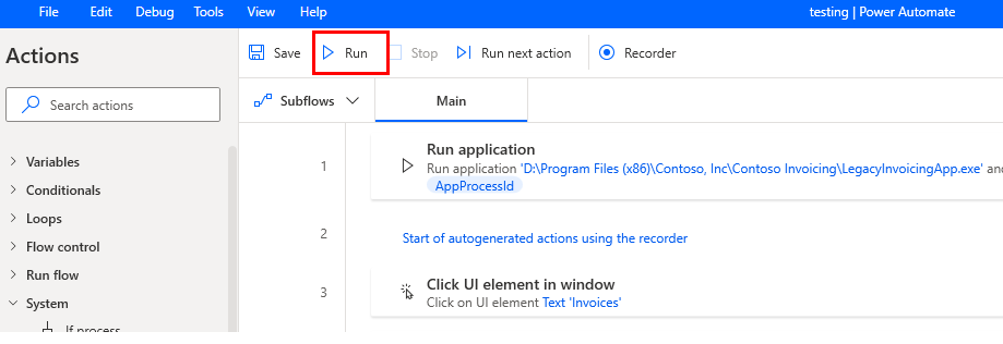 Screenshot of Run test feature from the toolbar.