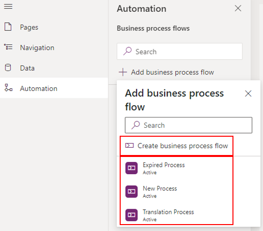Screenshot of the available business process flows with option to create more.