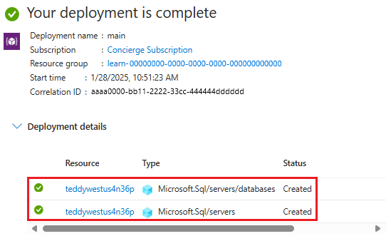 Screenshot of the Azure portal resource group overview pane for the specific deployment, with a logical server and database resource listed.