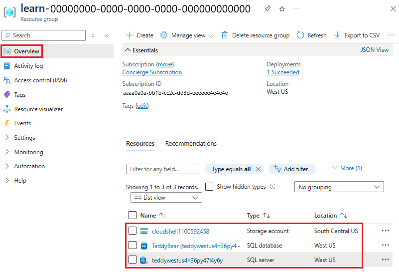 Screenshot of the Azure portal resource group overview pane, with a section displaying a successful deployment.