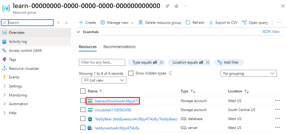 Screenshot of the Azure portal resource group overview pane, showing that a storage account is deployed for auditing.