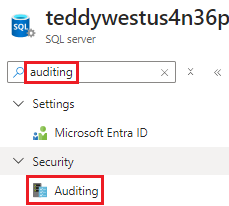 Screenshot of the Azure portal interface for the logical server, showing the search field with Auditing entered.