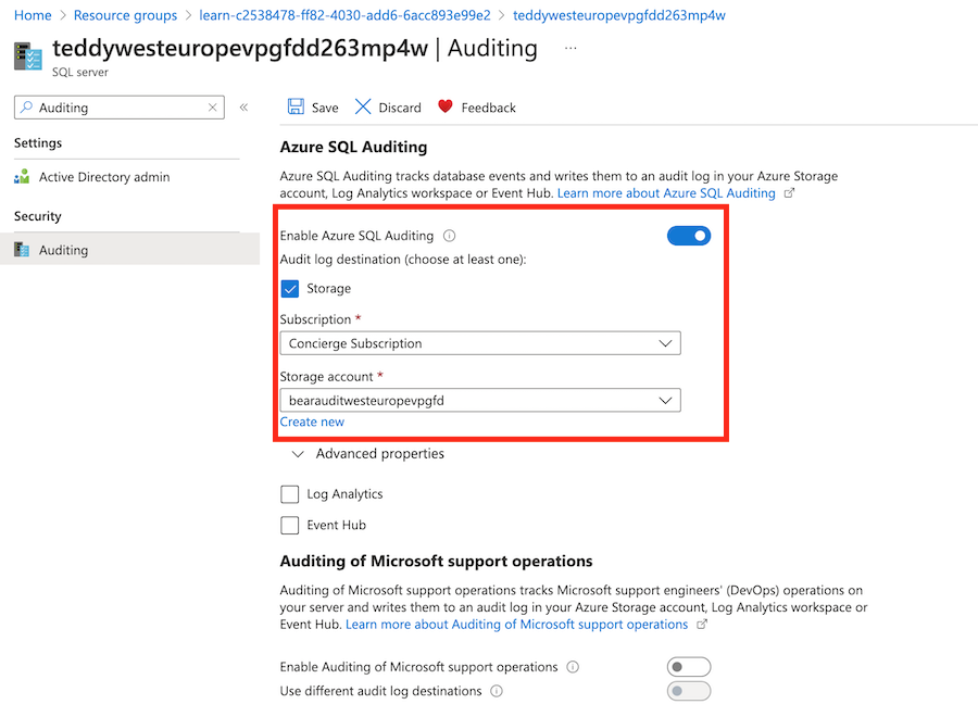 Screenshot of the Azure portal interface for the logical server, showing that the auditing configuration is enabled.