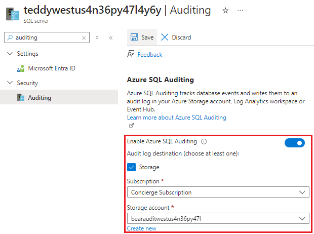 Screenshot of the Azure portal interface for the logical server, showing that the auditing configuration is enabled.