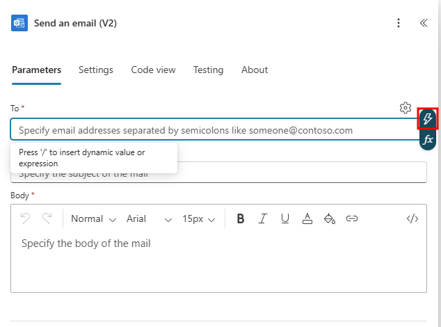 Screenshot of selecting the Dynamic content function.