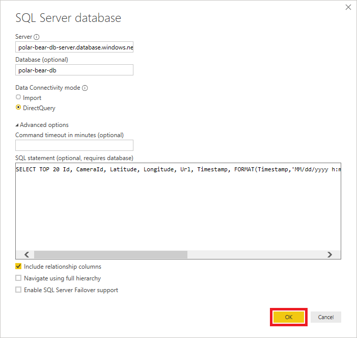 Screenshot that shows configuring the S Q L Server database pane.
