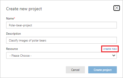 Screenshot that shows a new project name and description, and the create new link option selected.