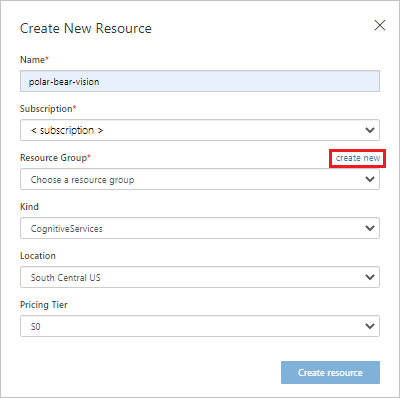 Screenshot that shows values to select or enter to create a new resource, with the create new link selected.