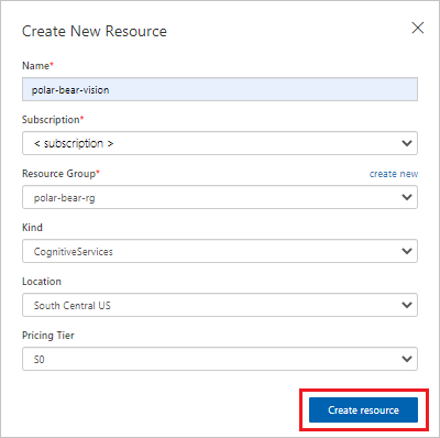 Screenshot that shows the complete settings for a Azure AI services resource, with the Create resource button selected.
