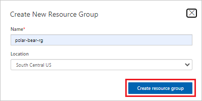 Screenshot that shows the name and location for a new resource group, with the Create resource group button selected.