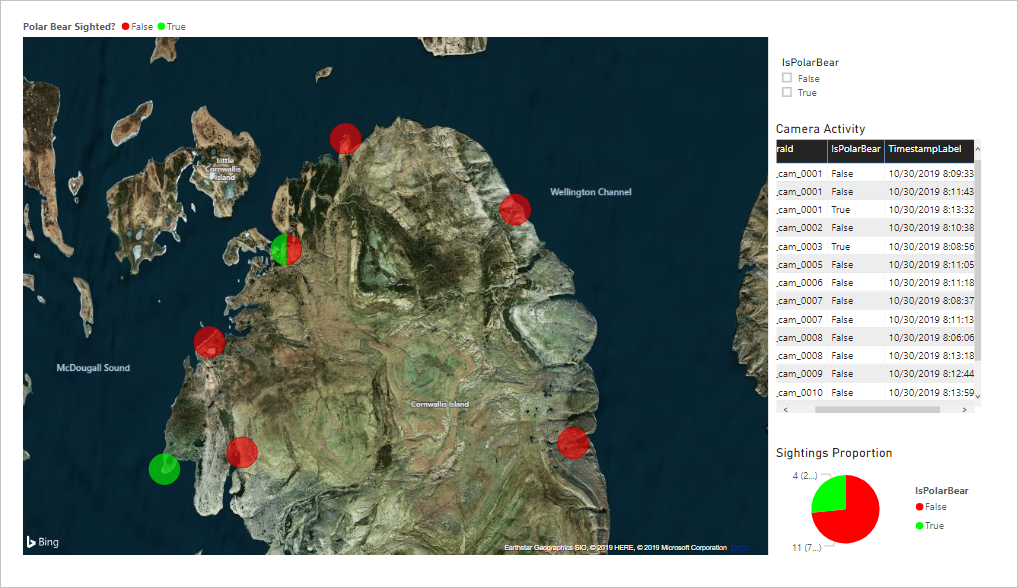Screenshot of a live map of Cornwallis Island with camera activity data listed.
