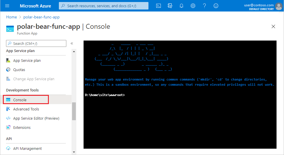 Screenshot that shows how to open a console for a function app.