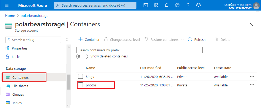Screenshot that highlights the items you select in the Azure portal to open the photos container.
