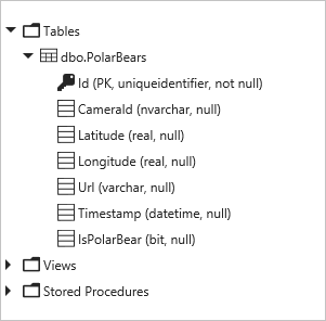 Image that shows the Tables folder above the d b o dot Polar Bears table.