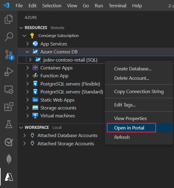 Screenshot of the Azure Databases extension in Visual Studio Code as user right-clicks on the account node to open account in Azure portal.