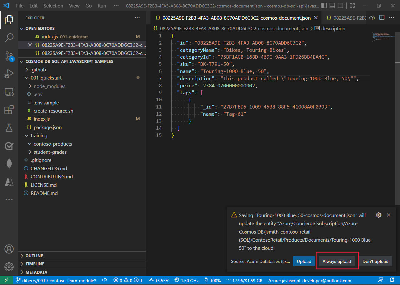 Screenshot of Visual Studio Code showing the edited document. The student has selected the Update to Cloud command to save the changes back to Azure.
