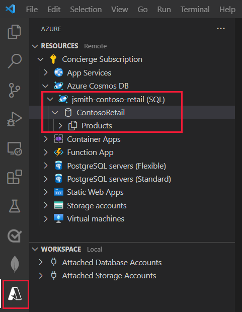 Screenshot of the Azure explorer in Visual Studio Code, showing the SchoolDB database and the StudentCourseGrades container.