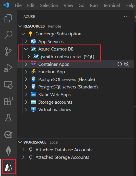 Screenshot of the Azure Resources extension pane in Visual Studio Code. The new Azure Databases extension account is listed under the user's Azure account.