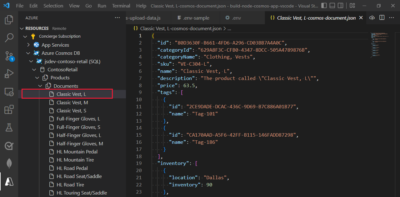 Screenshot of the Visual Studio Code showing a newly added Cosmos DB Core document.