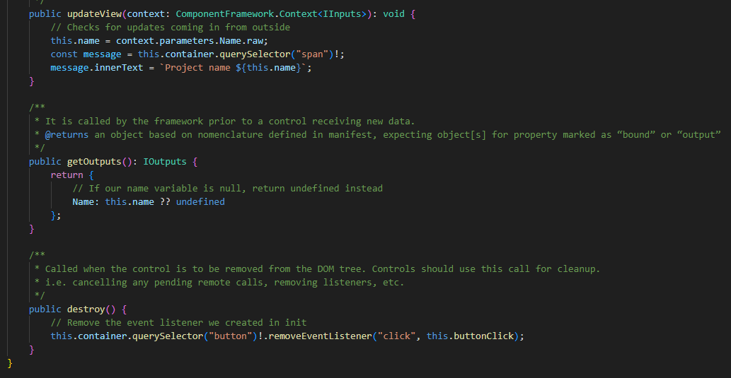 Screenshot showing the content of the updateView, getOutputs, and destroy methods.