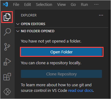 Screenshot of Visual Studio Code open folder button.