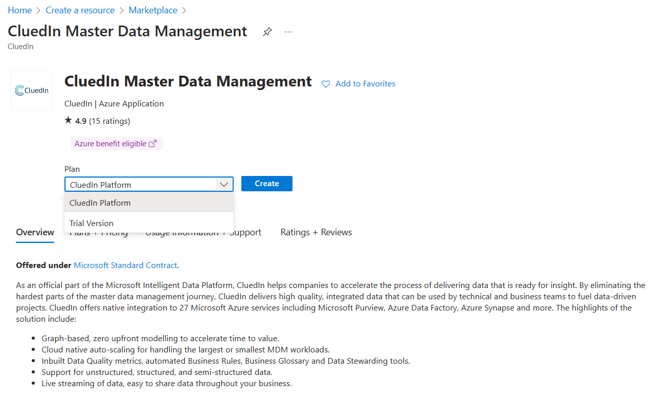 Screenshot of CluedIn Master Data Management Page, showing the CluedIn Platform option.