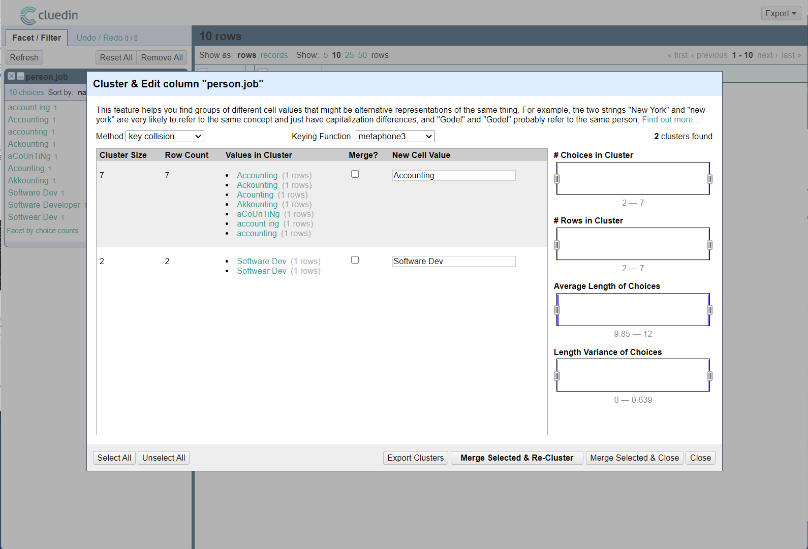 Screenshots of the Cluster & Edit column person.job page.