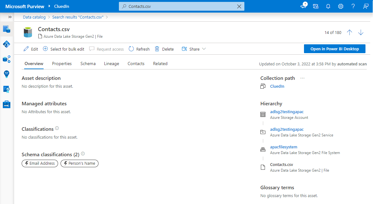 Screenshot of the Contacts.csv asset in Microsoft Purview.
