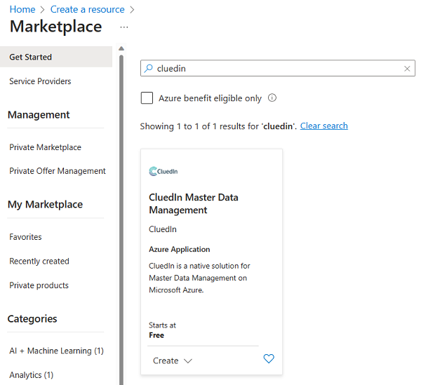 Screenshot of Azure Marketplace, showing CluedIn Master Data Management.