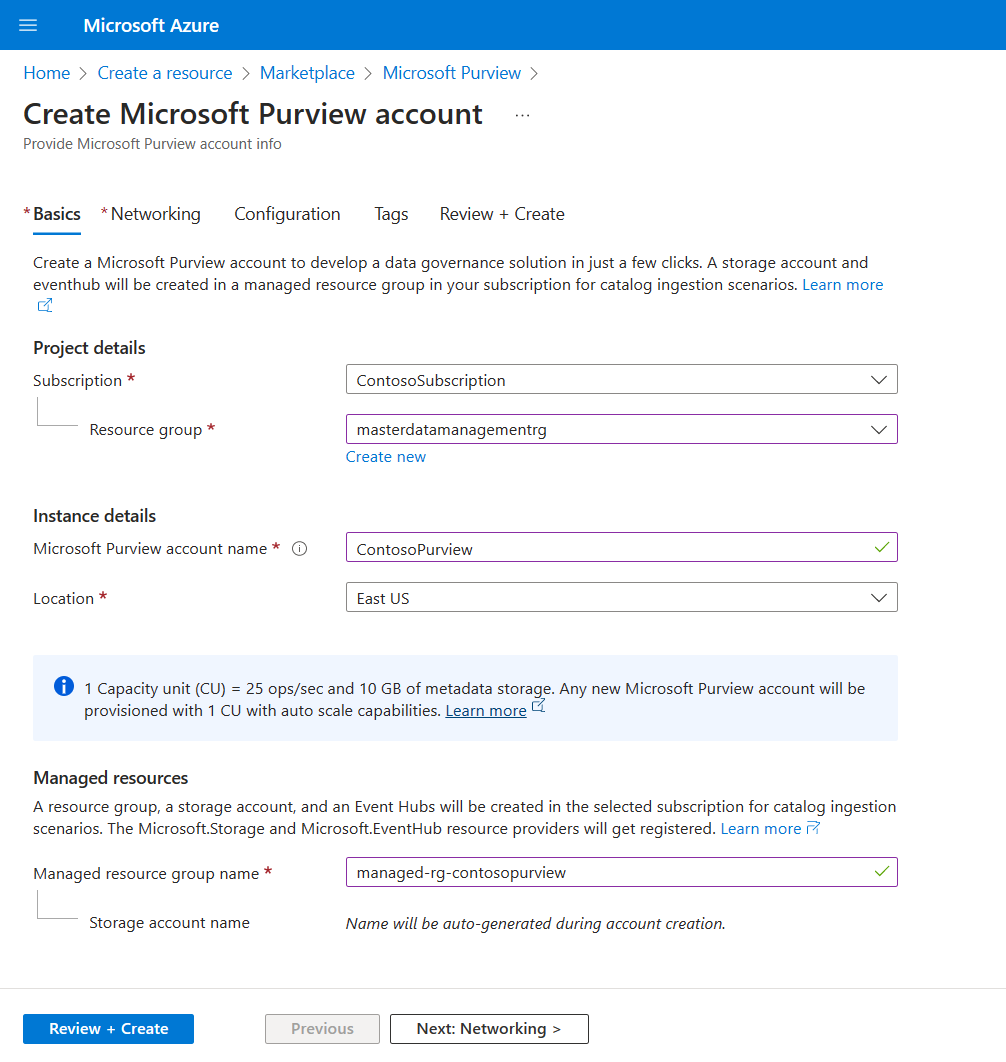 Screenshot of the Create Microsoft Purview account page in the Azure portal.